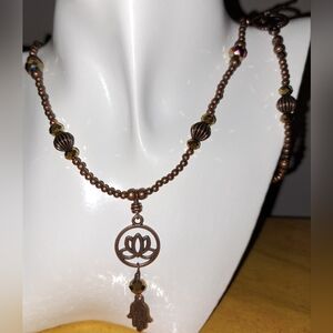 Hamsa & Lotus Flower Charm, All Copper Beaded Necklace, Bracelet & Earrings Set